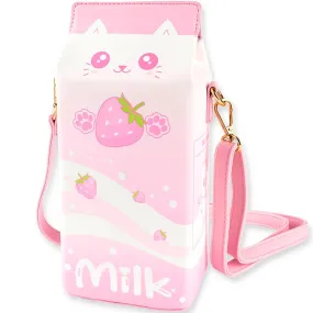 Strawberry Milk Cat Purse | Pink Kawaii Anime Crossbody Bag