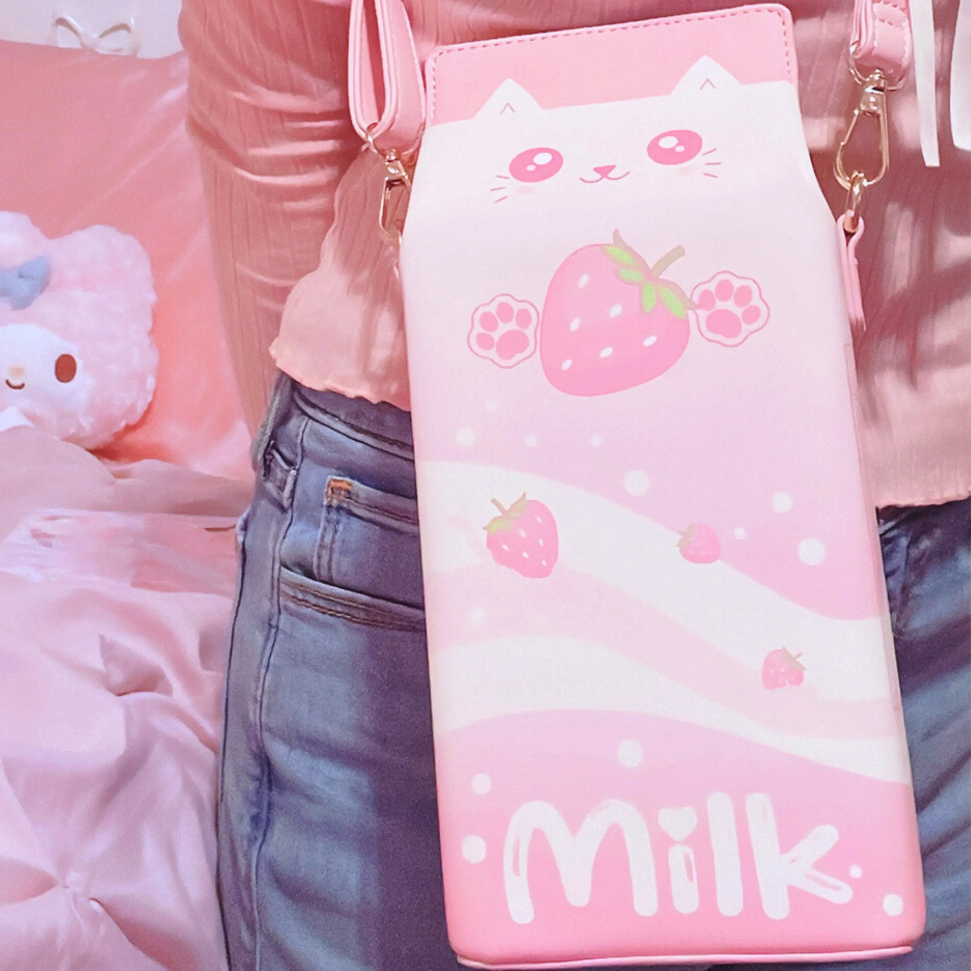 Strawberry Milk Cat Purse | Pink Kawaii Anime Crossbody Bag