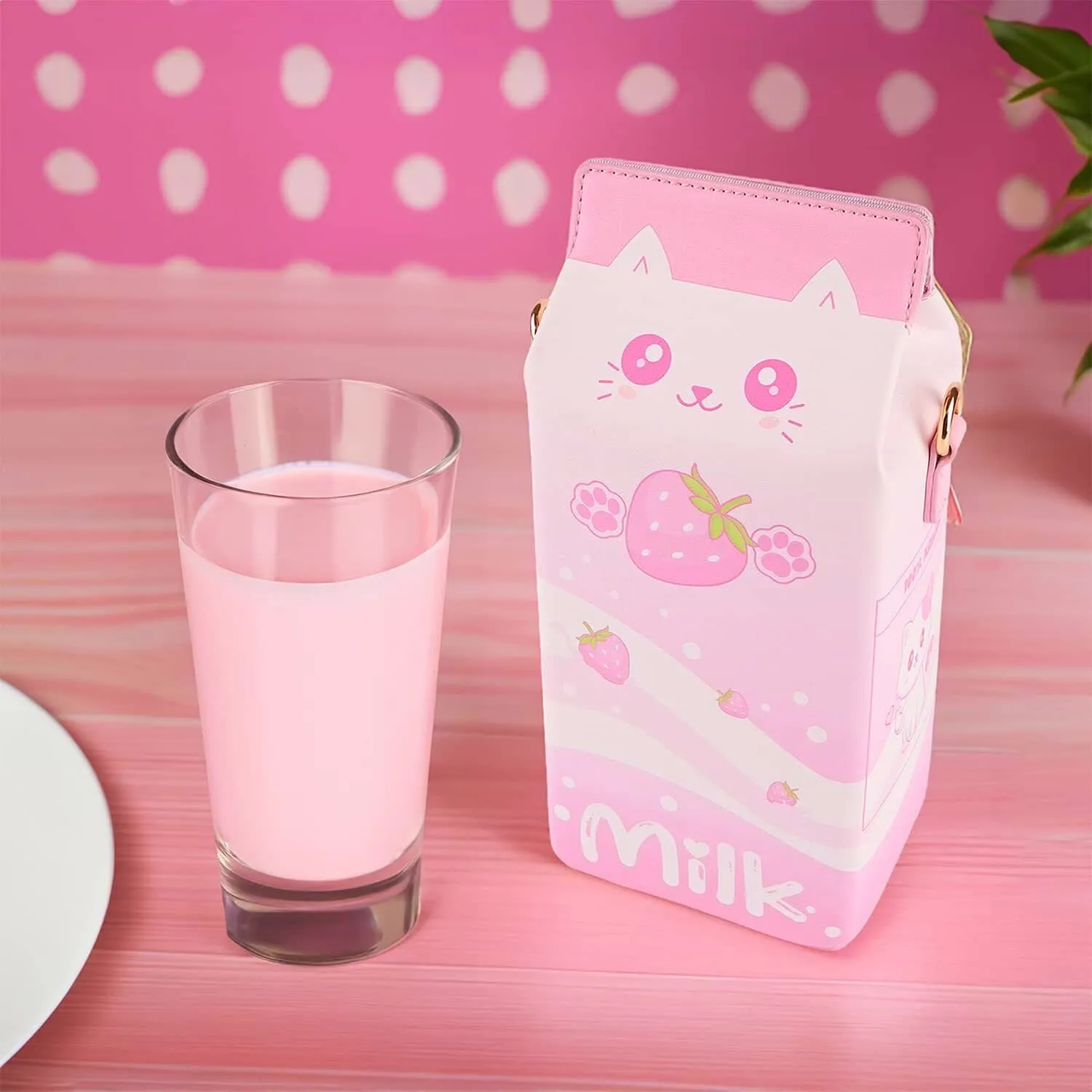 Strawberry Milk Cat Purse | Pink Kawaii Anime Crossbody Bag